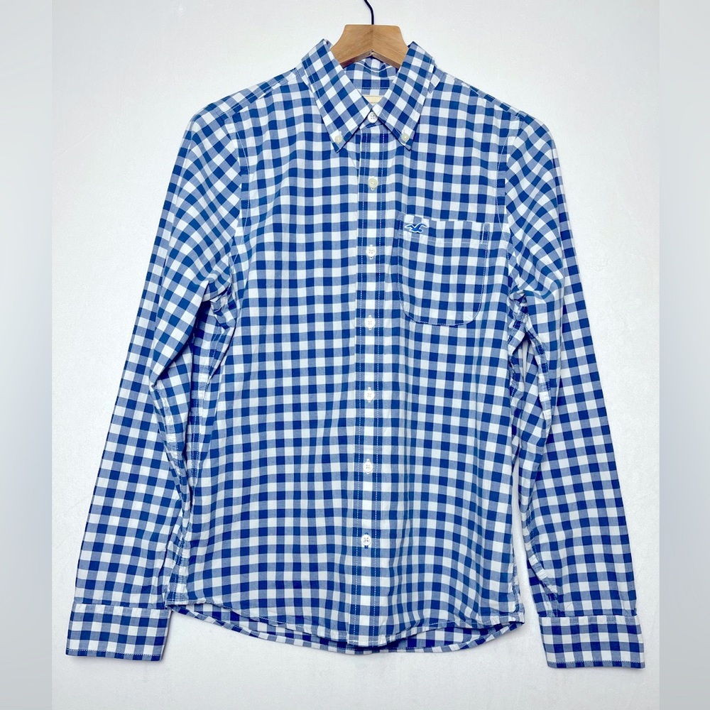 Hollister Men’s Blue Gingham Plaid Button Down Shirt Sz M Preppy Coastal Golf